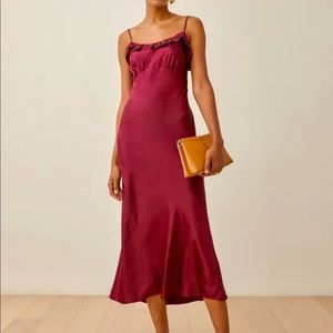 Reformation full length burgundy satin slip dress